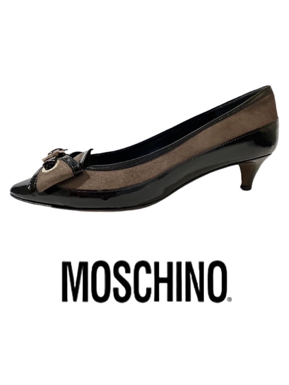 MOSCHINO | Patent Leather Suede Point Toe Bow Kitten Pump Heel Pump Shoe